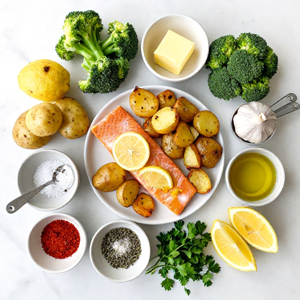 Raw ingredients for Easy Lemon Butter Salmon with crispy potatoes and broccoli