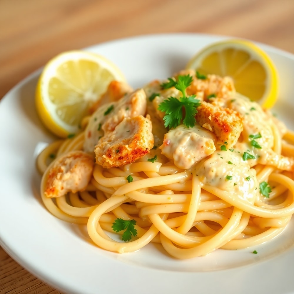 Plated Lemon Chicken Pasta with crispy chicken, creamy sauce, green peas, and lemon wedge garnish