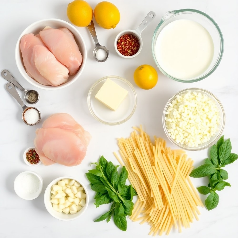 Raw ingredients for Lemon Chicken Pasta: chicken breasts, lemon, garlic, butter, heavy cream, pasta, peas, parmesan, salt, pepper
