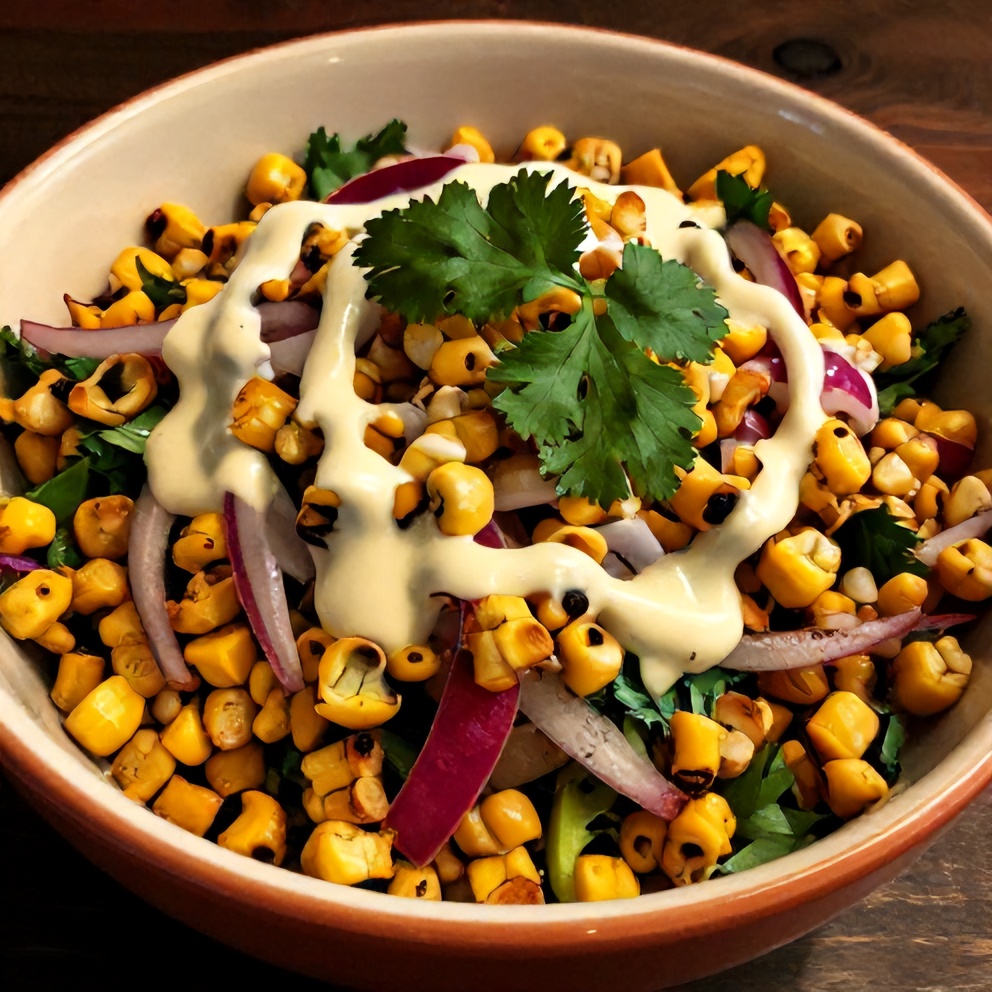 Mexican Street Corn Salad plated with crispy corn, red onion, cilantro, and lime dressing, served in a bowl