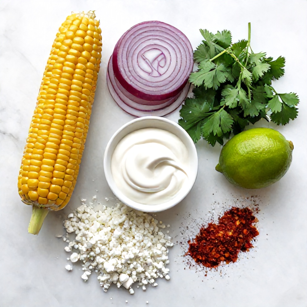 Raw ingredients for Mexican Street Corn Salad: corn, red onion, cilantro, lime, mayo, cotija cheese, and chili powder