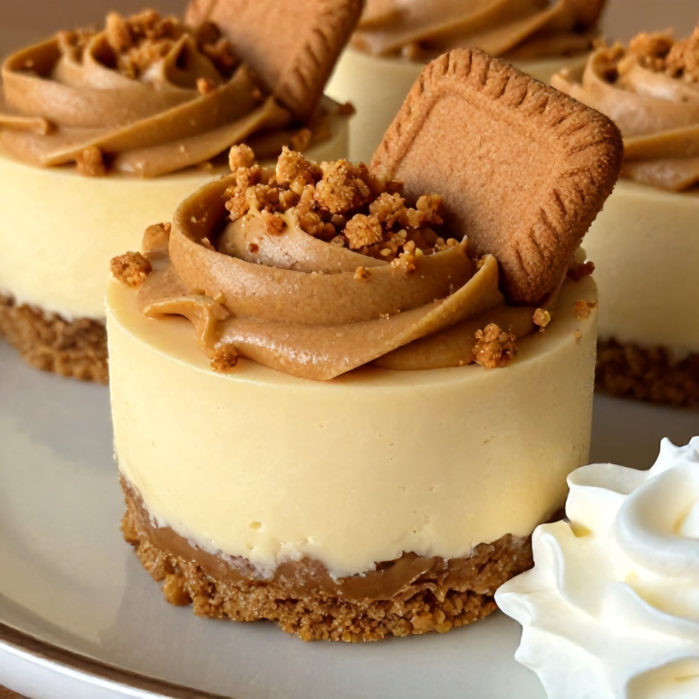 Plated serving of No-Bake Biscoff Cheesecake Cups with a dollop of whipped cream and crumbled Biscoff cookies on a dessert plate