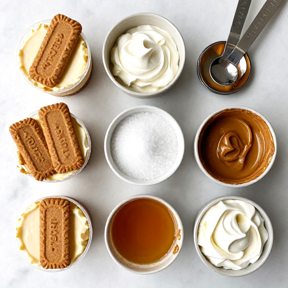 Raw ingredients for No-Bake Biscoff Cheesecake Cups including Biscoff cookies, cream cheese, heavy cream, and sugar arranged in a flat lay