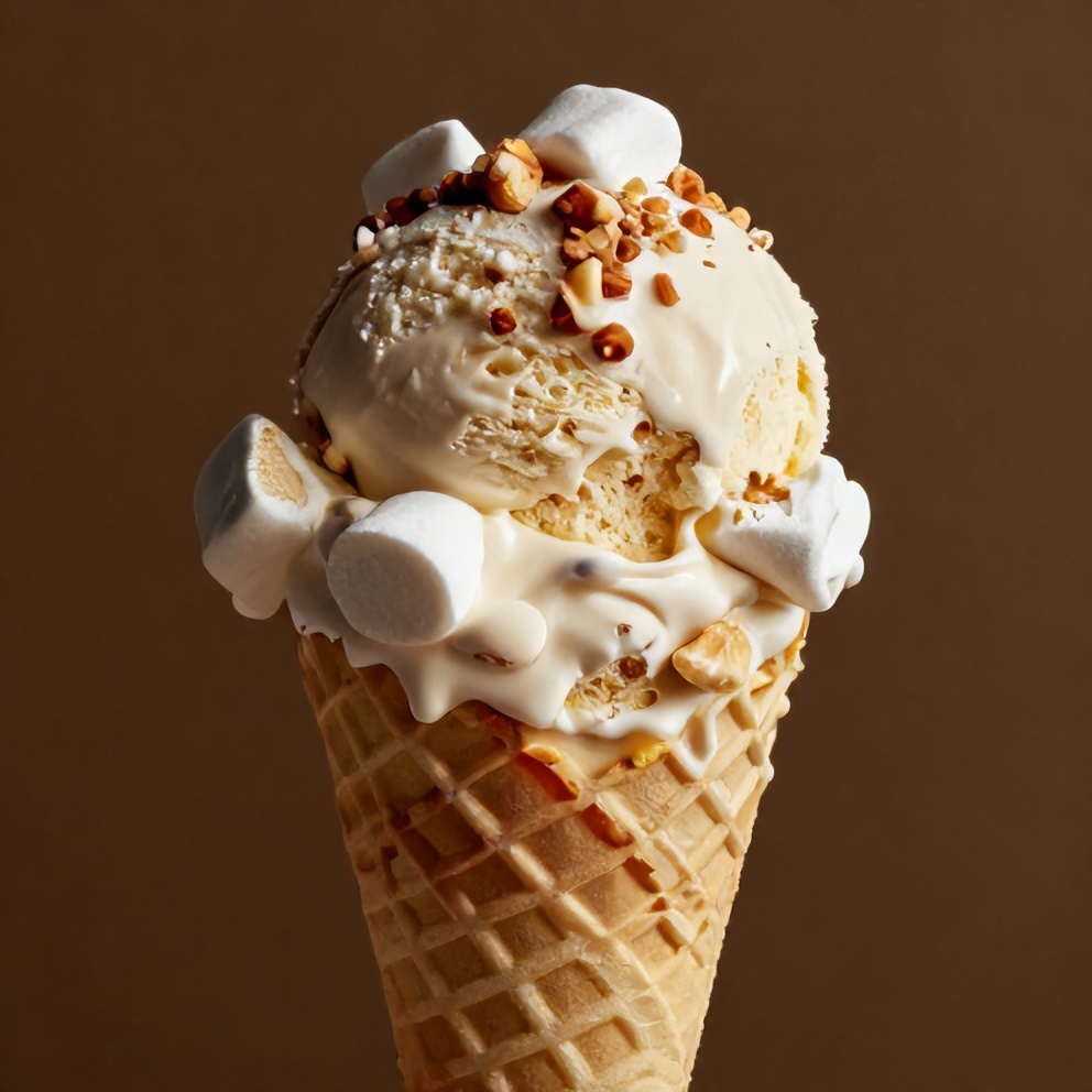 Scoop of Easy No-Churn Rocky Road Ice Cream on a cone with melty marshmallows and crunchy nuts