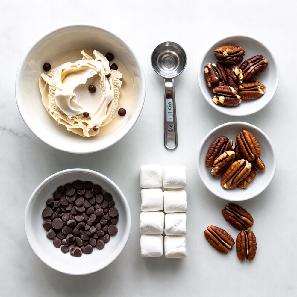 Raw ingredients for Easy No-Churn Rocky Road Ice Cream including heavy cream, sweetened condensed milk, and chocolate chips