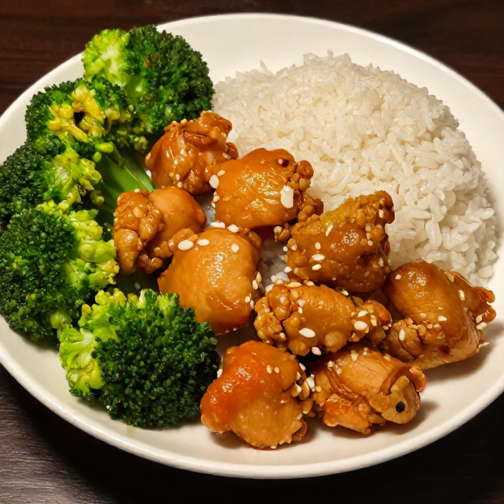 Plated orange chicken with steamed rice and broccoli