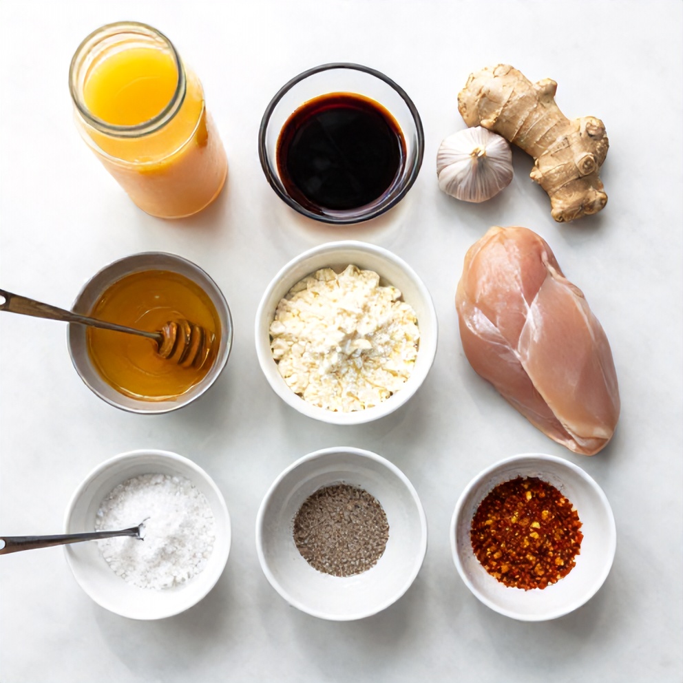 Orange chicken ingredients including chicken, orange juice, soy sauce, and garlic