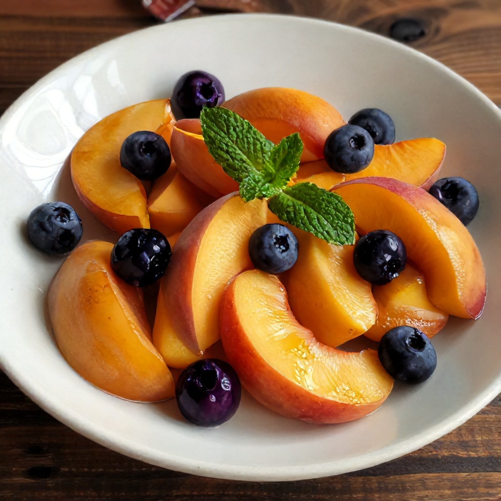 Plated serving of Easy Peach Berry Fruit Salad with fresh mint garnish