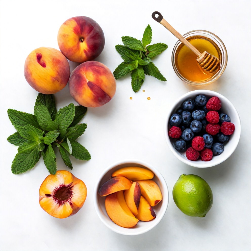 Raw ingredients for Easy Peach Berry Fruit Salad: peaches, berries, mint, honey, and lime