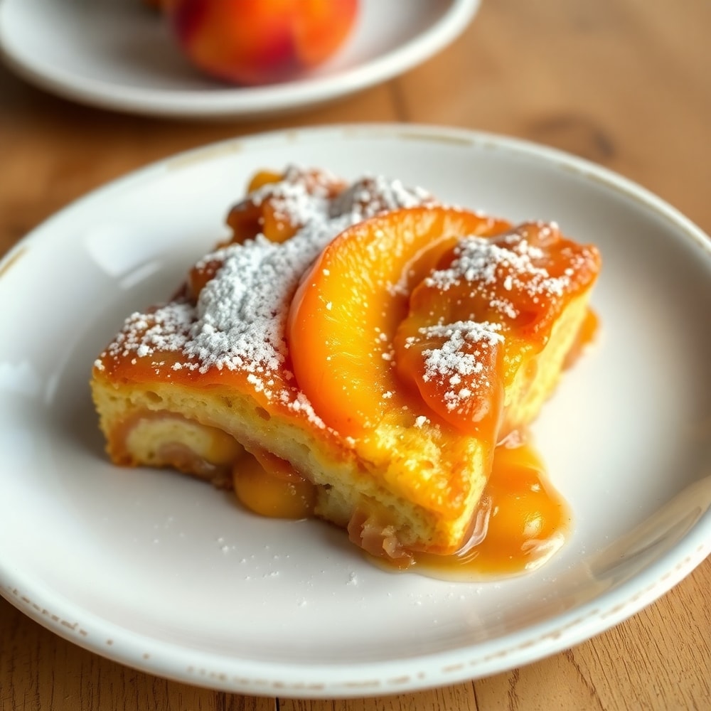 Easy Peach Cobbler French Toast Bake plated with powdered sugar