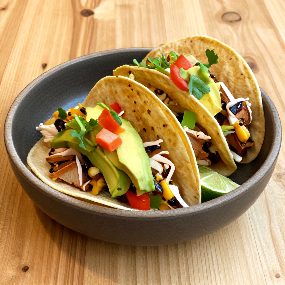 Plated turkey taco bowl with avocado, salsa, and lime