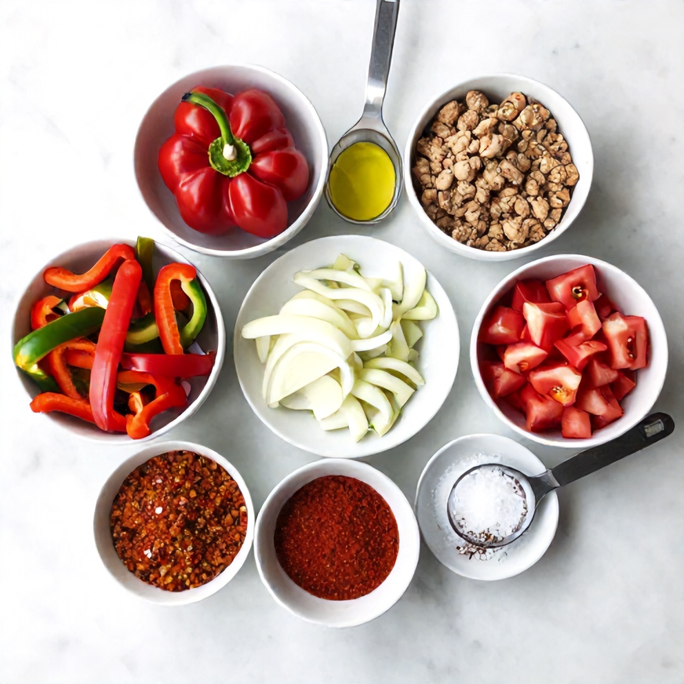 Raw ingredients for turkey taco bowl: ground turkey, bell peppers, onion, spices, and toppings