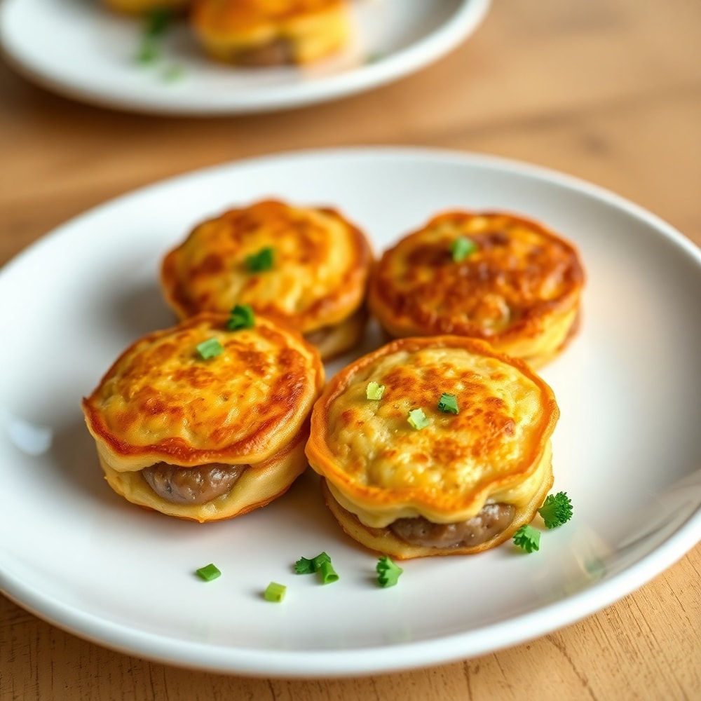 Plated serving of sausage pancake bites on a white plate