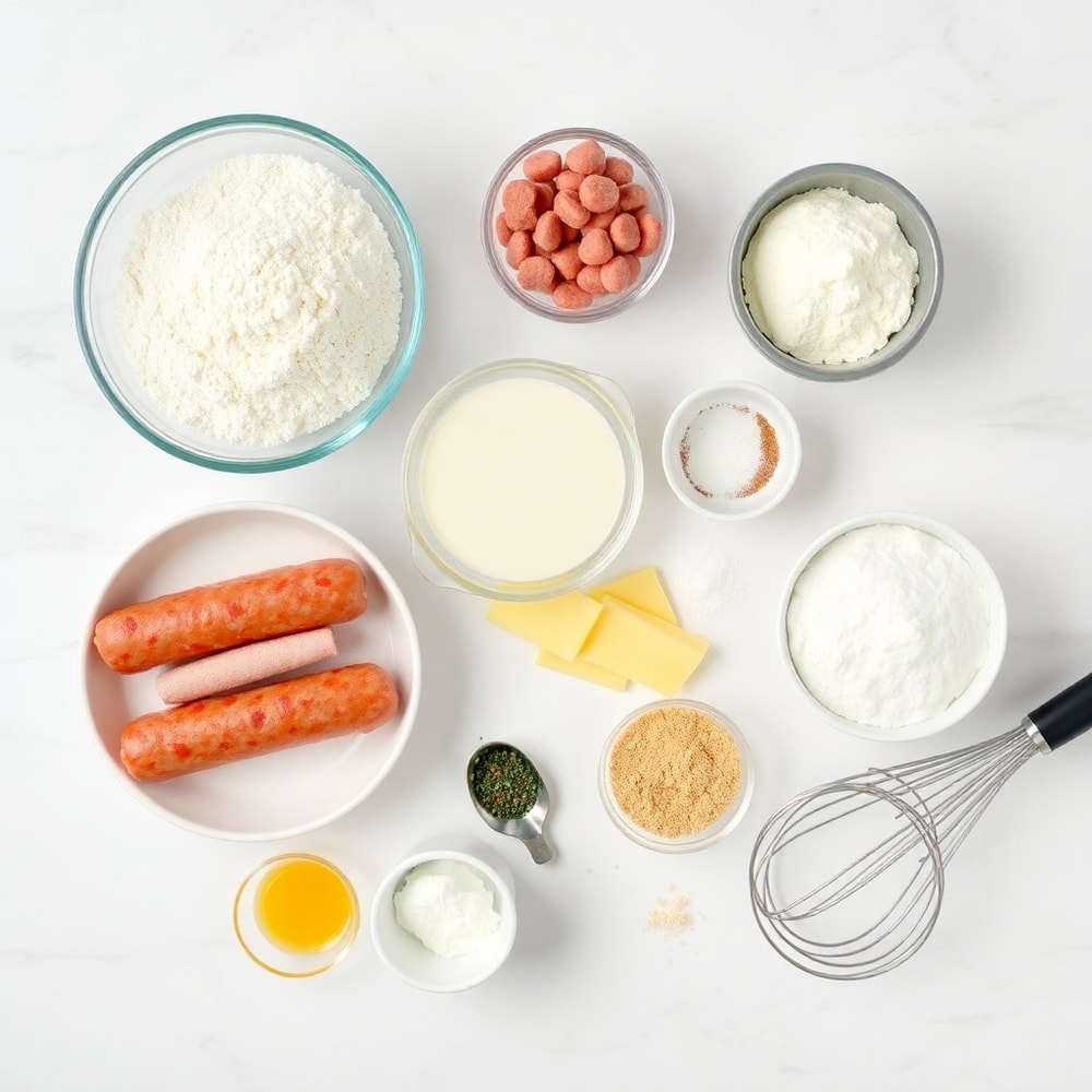 Raw ingredients for sausage pancake bites arranged on a white marble surface