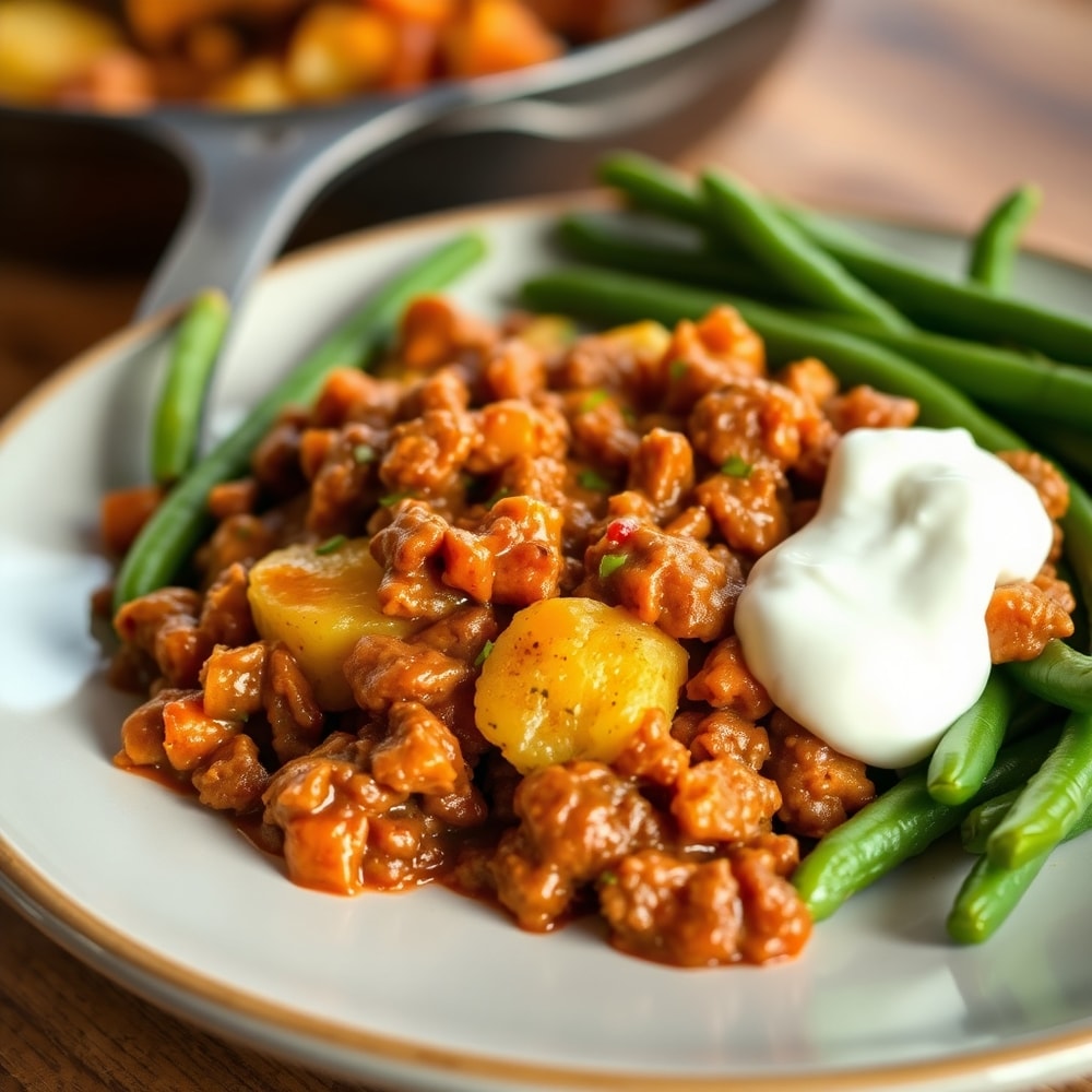 Sloppy Joe Potato Skillet plated with a side of green beans and a dollop of sour cream