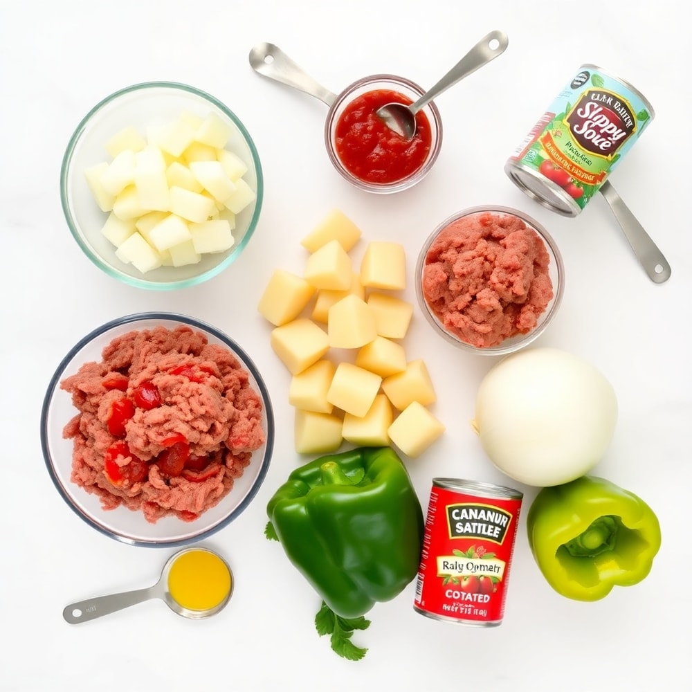 Raw ingredients for Sloppy Joe Potato Skillet including ground beef, potatoes, onion, bell pepper, and canned tomato sauce