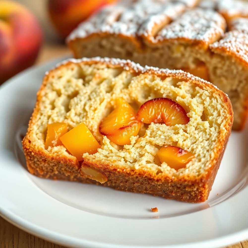 Slice of Easy Spiced Peach Bread on a white plate