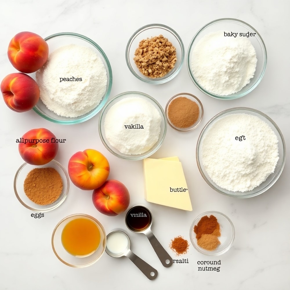 Raw ingredients for Easy Spiced Peach Bread on a marble surface