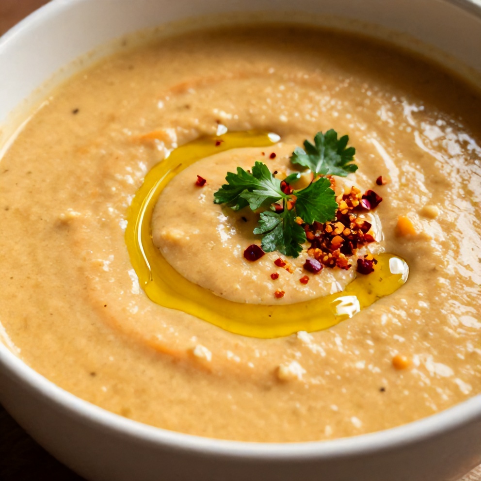 Bowl of Spicy Miso Carrot Soup with a drizzle of olive oil