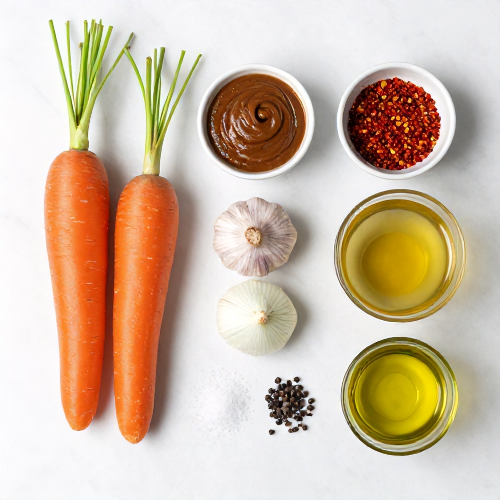 Raw ingredients for Spicy Miso Carrot Soup on a marble surface