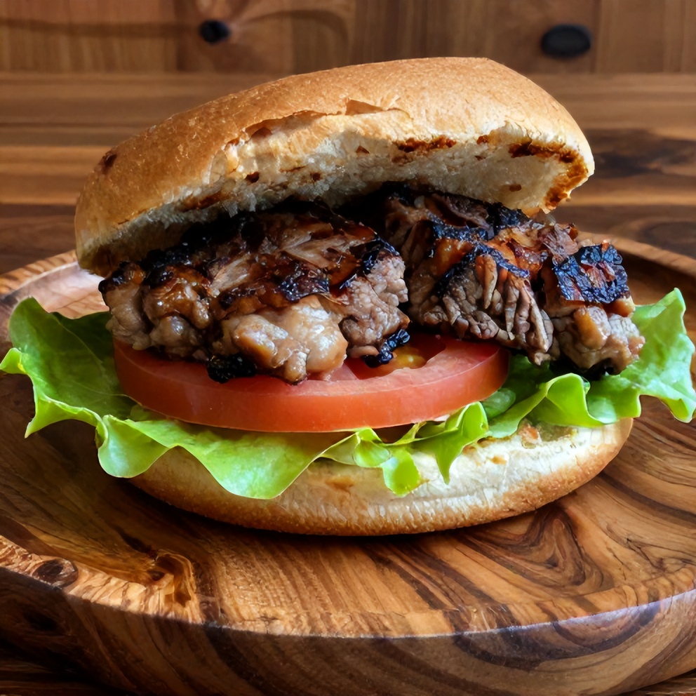 Steak sandwich with lettuce and tomato on a rustic plate