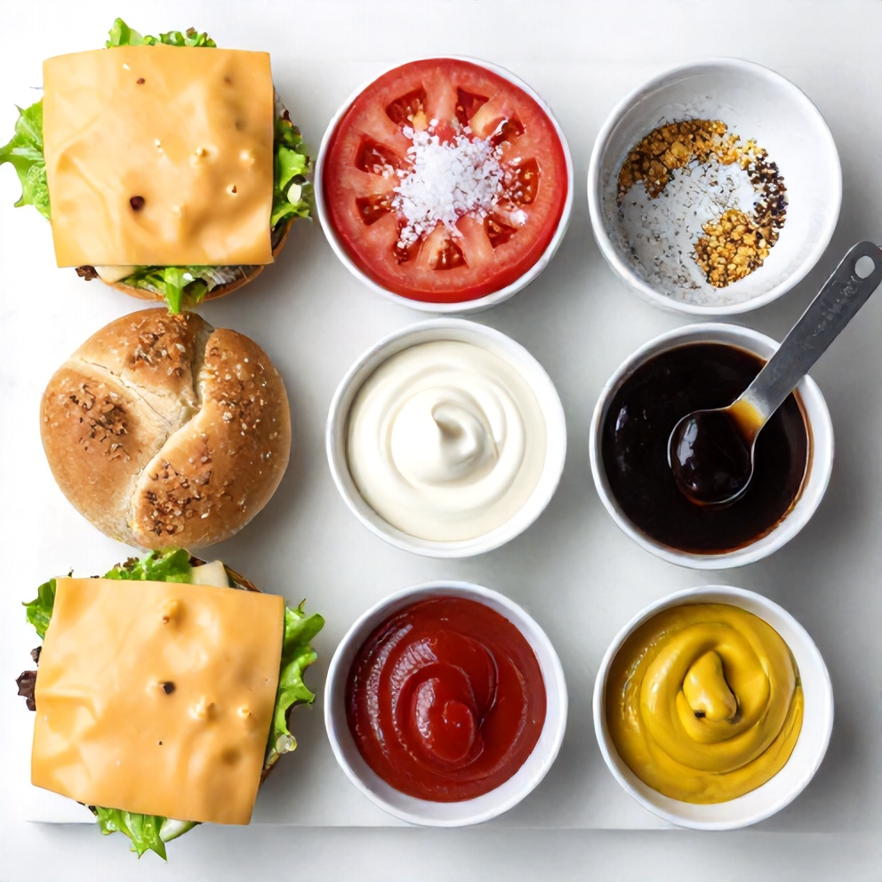 Raw ingredients for steak sandwich on a marble surface