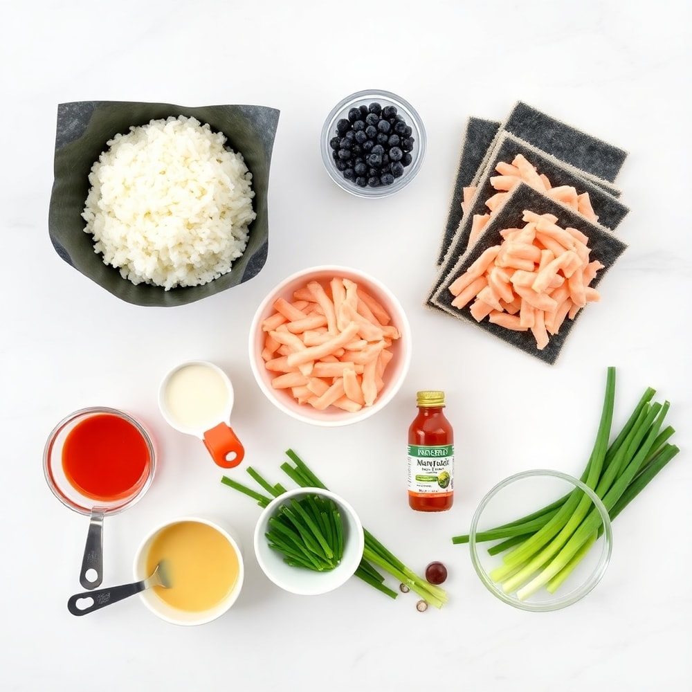 Raw ingredients for Easy Sushi Bake on a white marble surface
