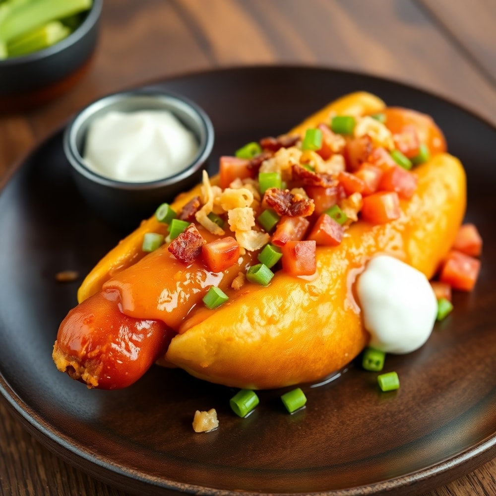 Plated firecracker hot dog with toppings