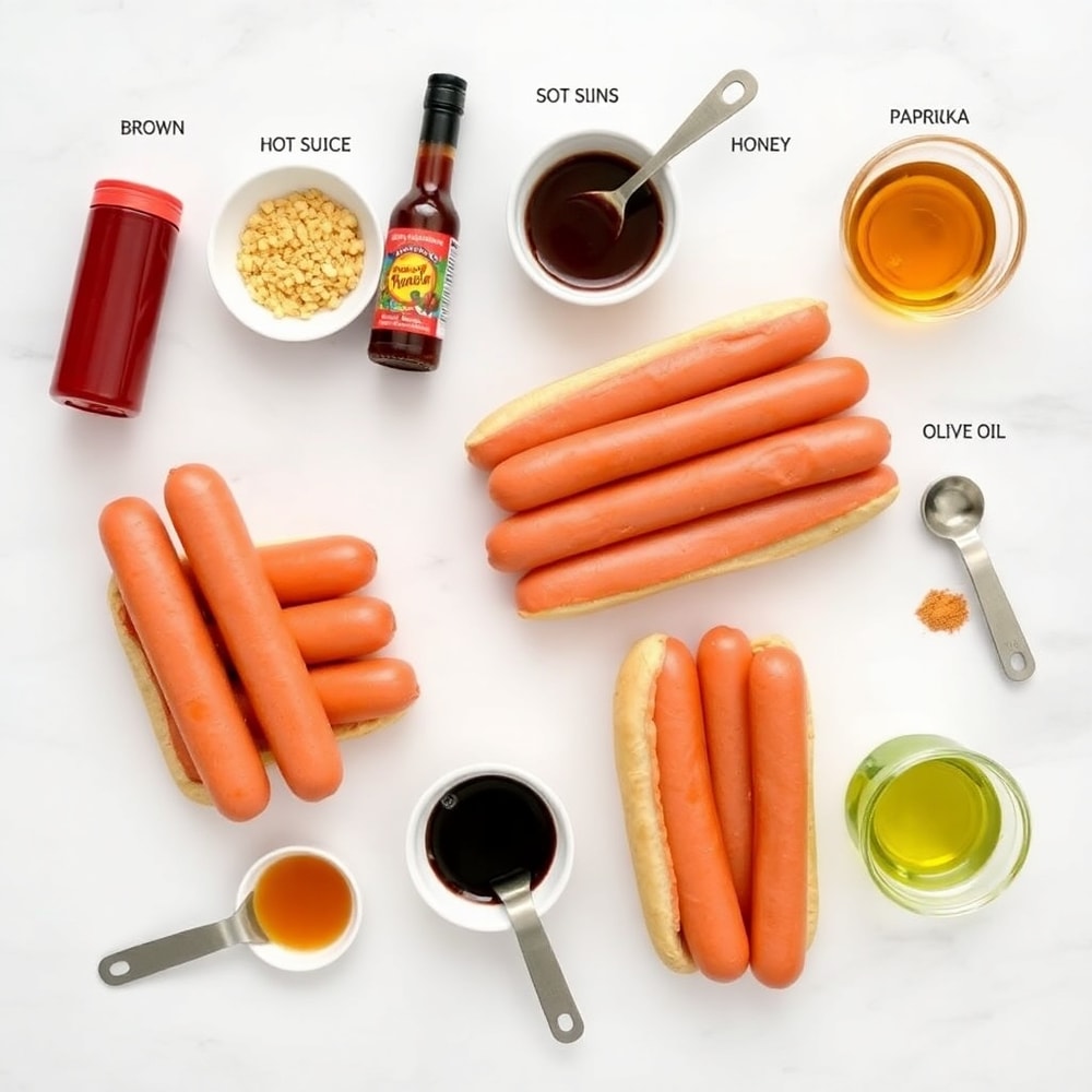 Ingredients for firecracker hot dogs on a marble surface