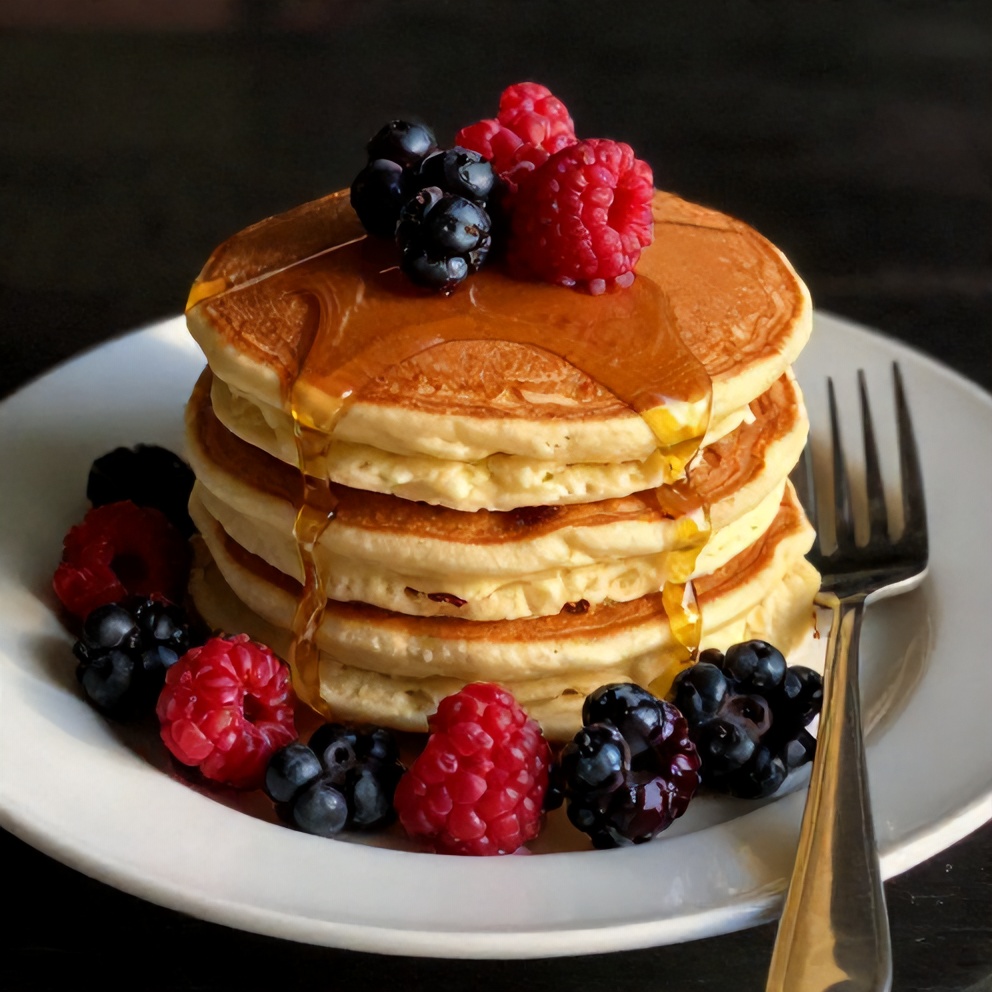Plated Fluffy Buttermilk Pancakes with Maple Syrup