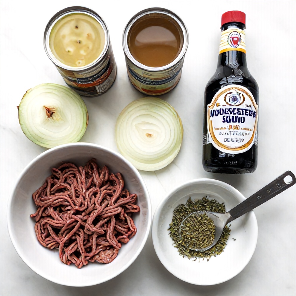 Raw ingredients for French Onion Beef Sloppy Joes
