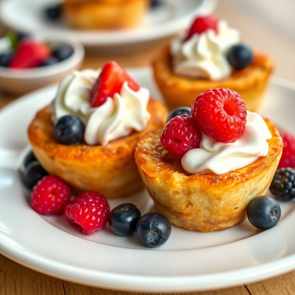 Plated French Toast Cups with fresh berries and whipped cream