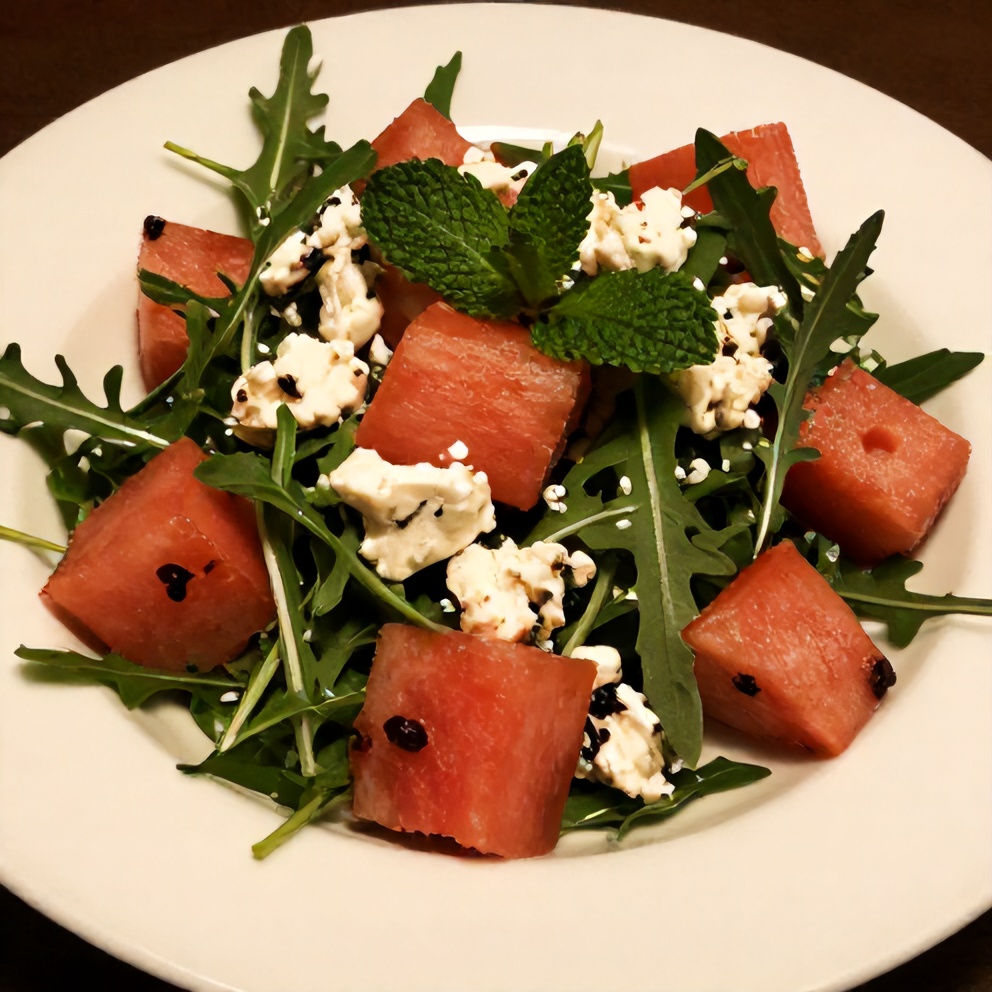 Plated Fresh Watermelon Feta Arugula Salad with mint dressing