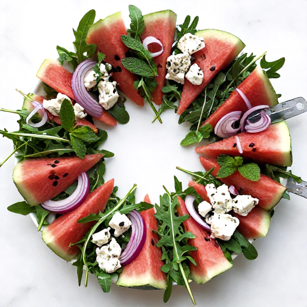 Raw ingredients for Fresh Watermelon Feta Arugula Salad on a white marble surface