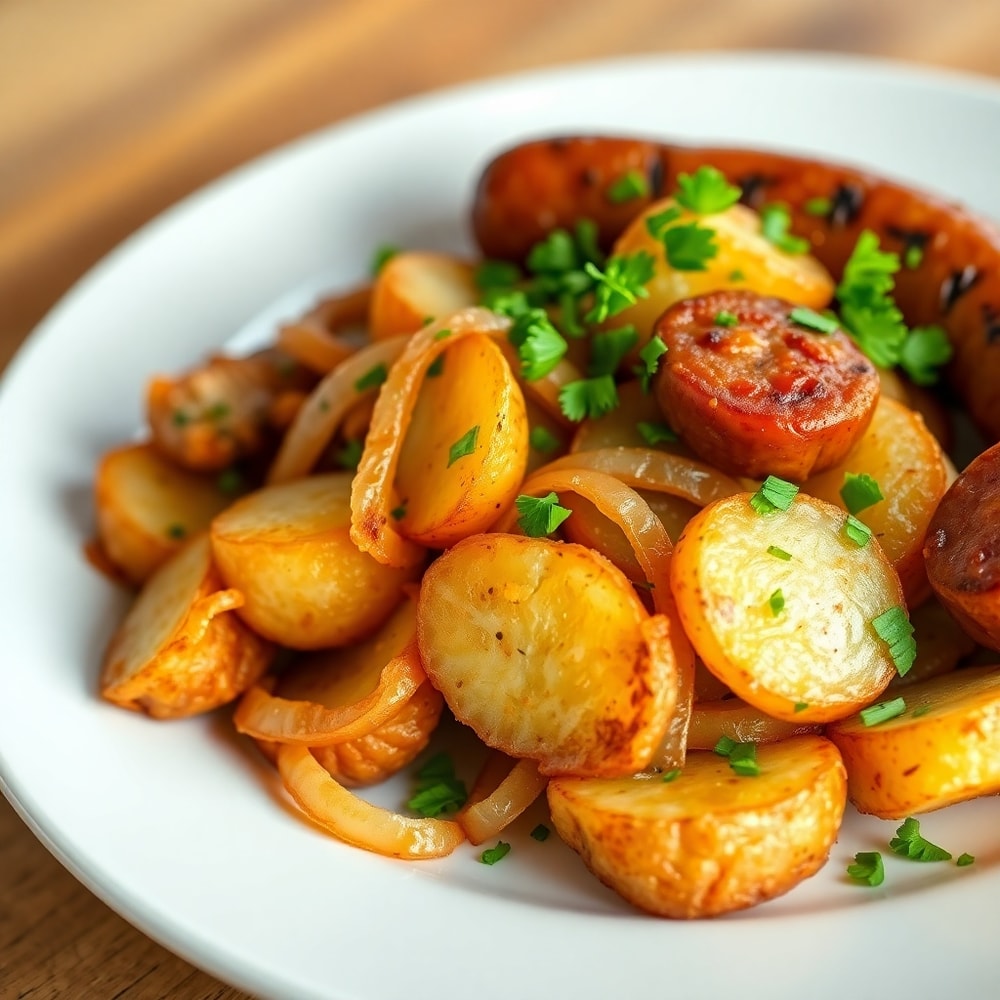 Plated serving of crispy fried potatoes, onions, and smoked Polish sausage