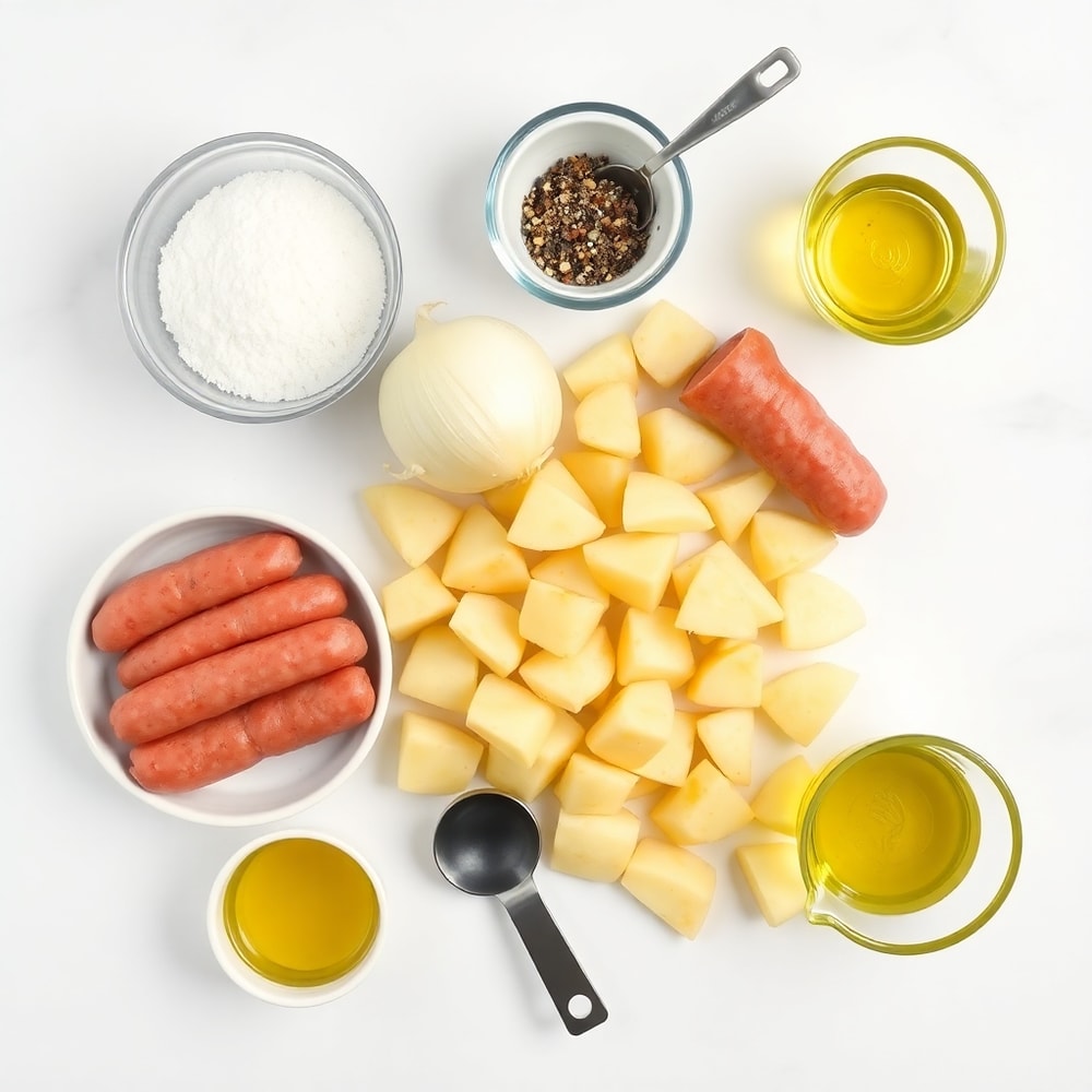 Raw ingredients for fried potatoes, onions, and smoked Polish sausage