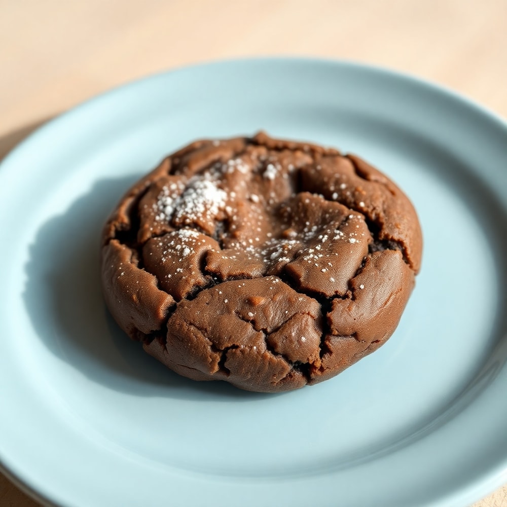Fudgy chocolate brownie cookie on a light blue plate