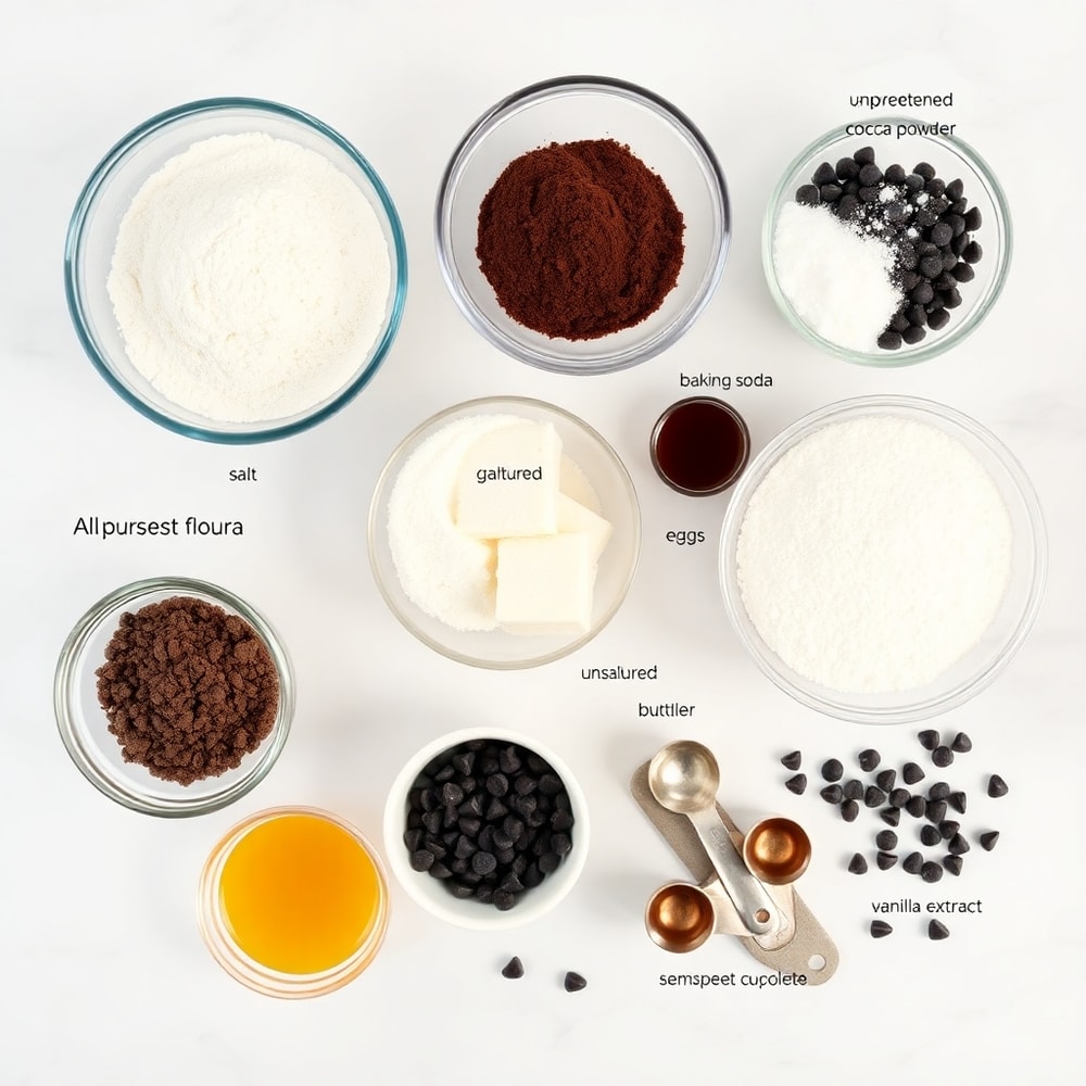 Raw ingredients for fudgy chocolate brownie cookies on a white marble surface