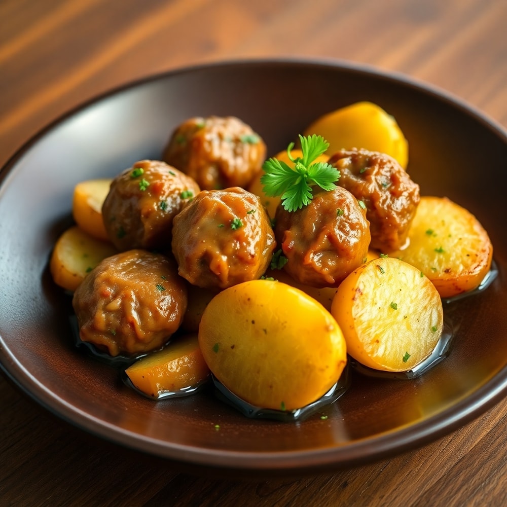 Plated Garlic Butter Meatballs and Potatoes