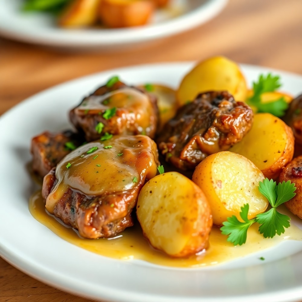 Plated Garlic Butter Steak Bites and Potatoes