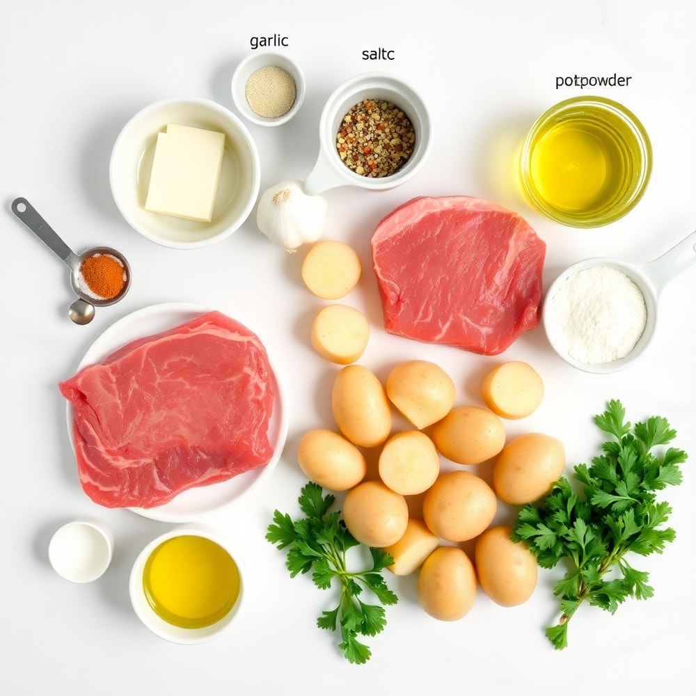 Raw Ingredients for Garlic Butter Steak Bites and Potatoes