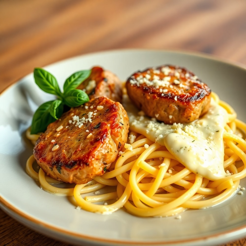 Plated garlic butter steak bites pasta with Parmesan cream