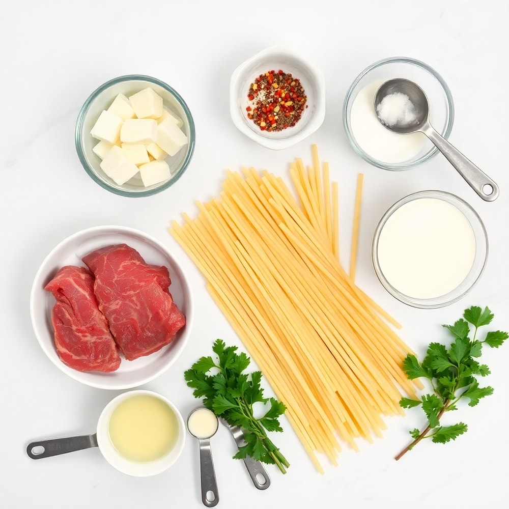 Raw ingredients for garlic butter steak bites pasta