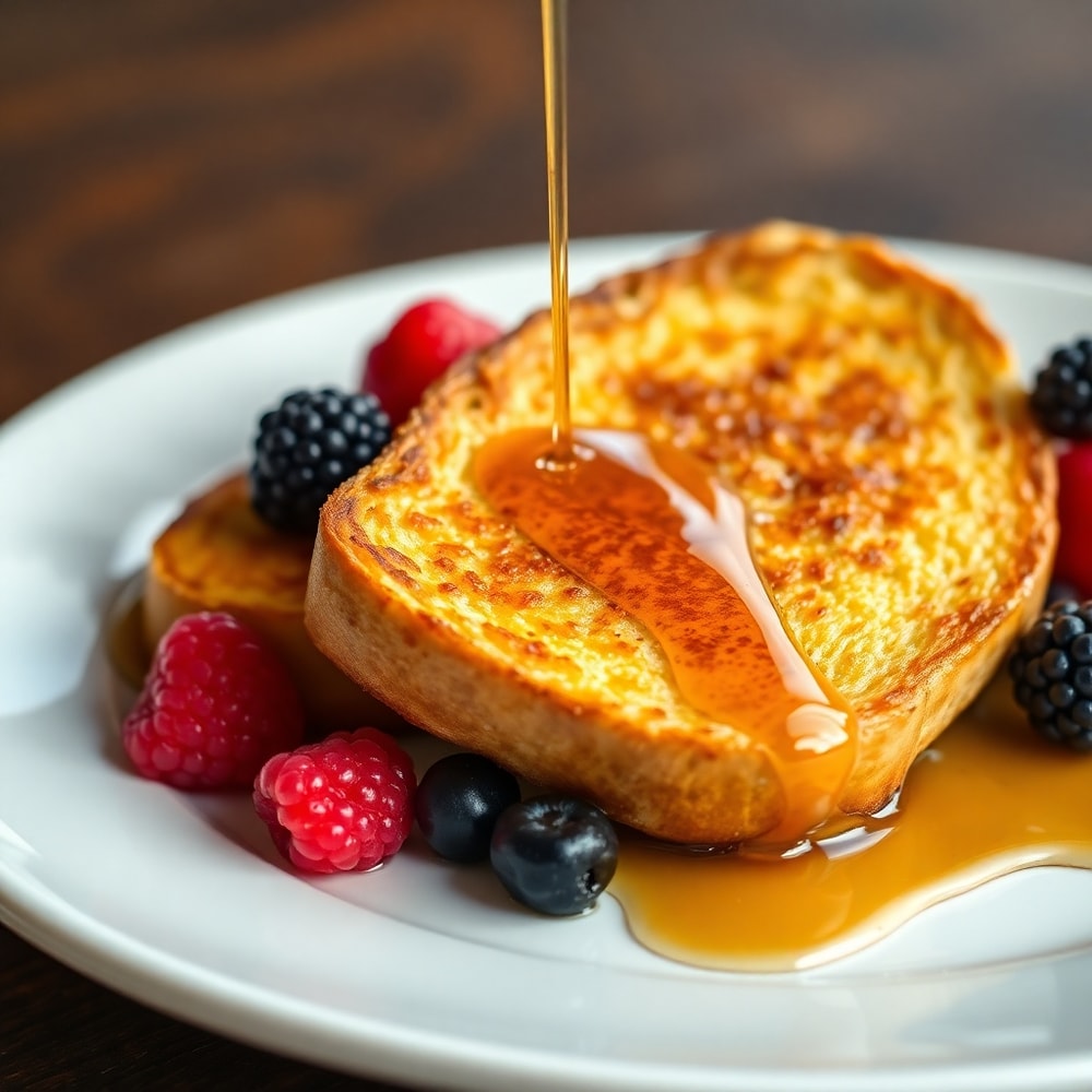 Plated golden french toast with maple syrup and fresh berries