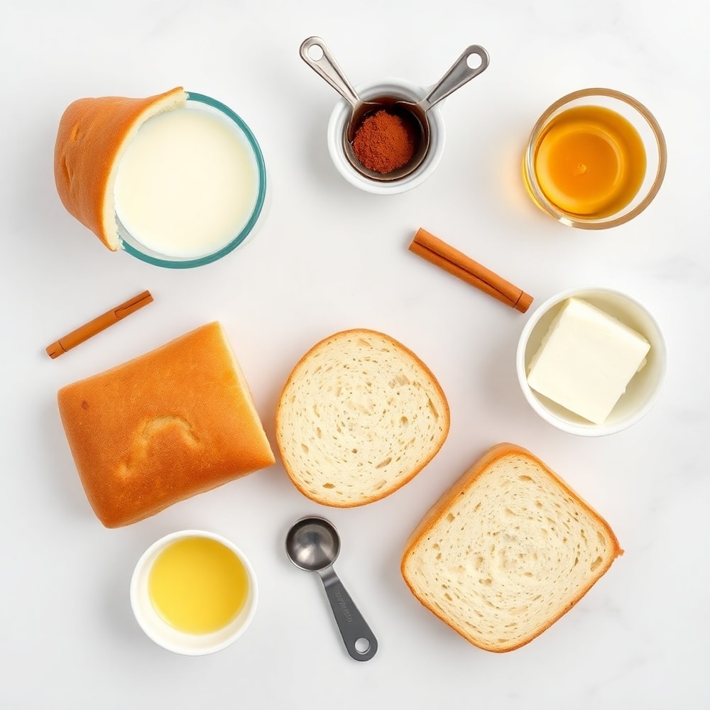 Bread, eggs, milk, cinnamon, vanilla extract, butter, maple syrup