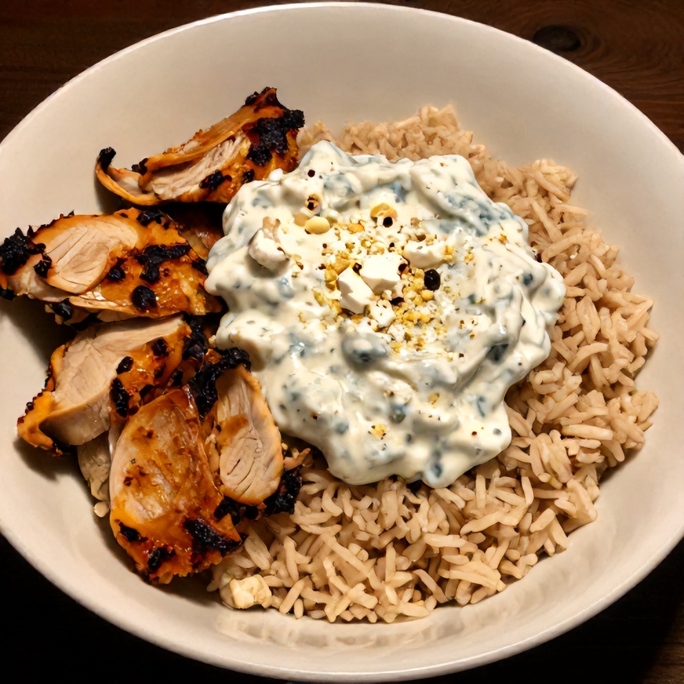 Greek Chicken Bowls plated with a dollop of tzatziki sauce and a sprinkle of feta cheese