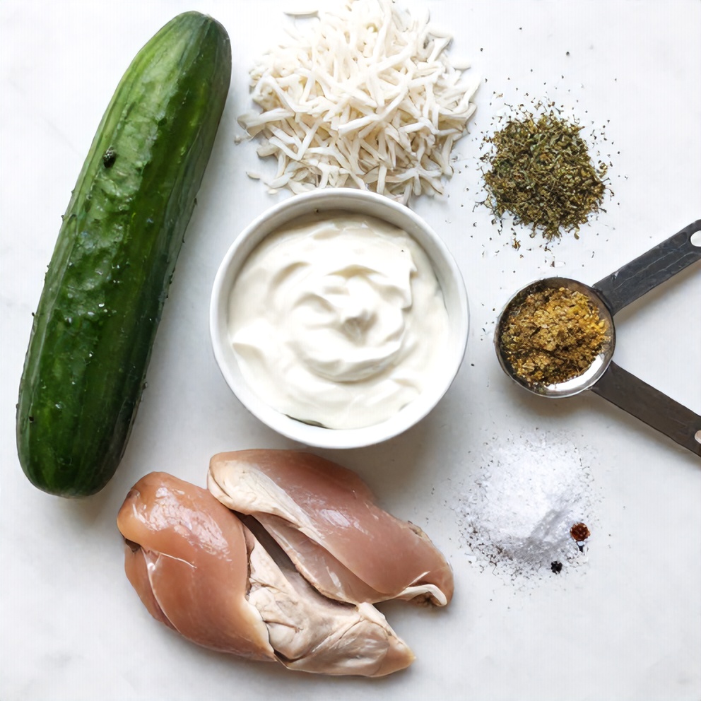 Raw ingredients for Greek Chicken Bowls including chicken, rice, cucumber, and yogurt