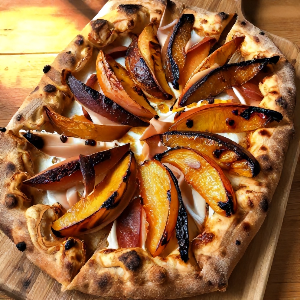 grilled peach prosciutto flatbread pizza