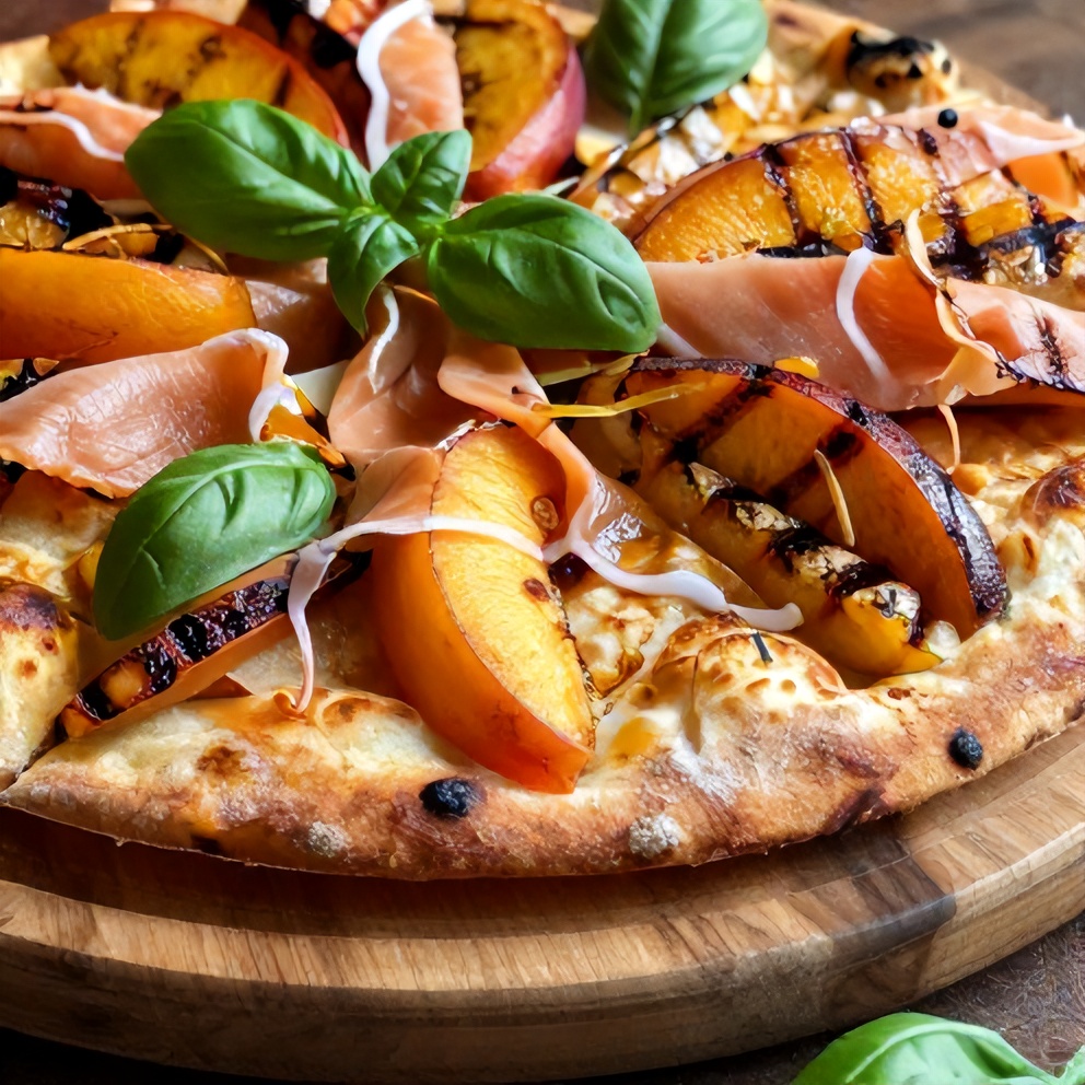 Plated Grilled Peach and Prosciutto Flatbread Pizza with fresh basil