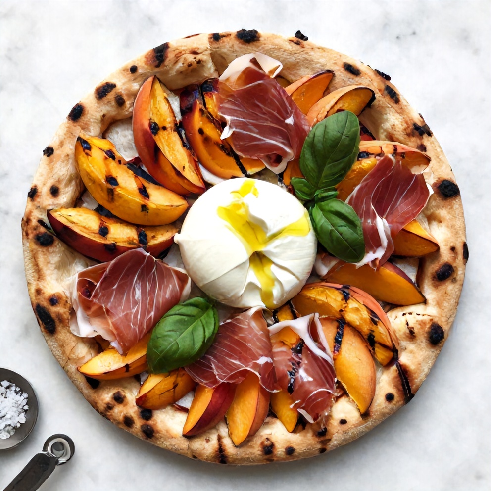 Raw ingredients for Grilled Peach and Prosciutto Flatbread Pizza on a marble surface
